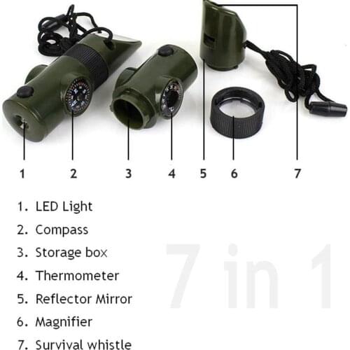 Multifunctional Whistle 7 In 1 Survival Bushcraft Trekking Storage Torch Magnifier Thermometer Tools Compass Light Mirror L J7V5