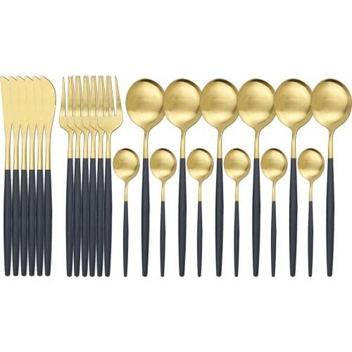24Pcs Matte Black Gold Cutlery Set 304 Stainless Steel Dinnerware Set Knife Fork Spoon Silverware Set Kitchen Flatware