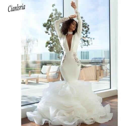 Charming High Neck Open Back Ruffles African Mermaid Wedding Dress Long Sleeve Appliques Lace Bridal Gowns Robe De Mariee
