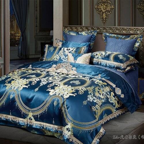 Luxury European Satin Jacquard Long Staple Cotton Bedding Set Bule Duvit Cover Sheet Pillowcase King Queen 4/6/8/10 PCS