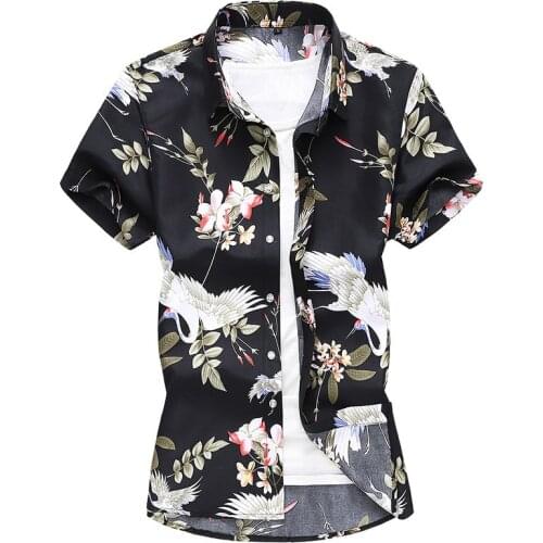New Mens Large Size Flower Shirt Spring Summer Short Sleeve Crane Men Shirts