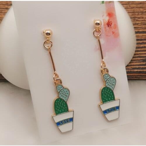 Cute potted cactus enamel pendant dripping plant flower golden alloy pendant earrings jewelry