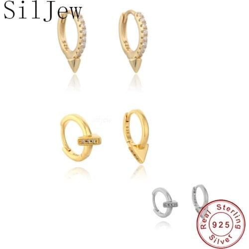 SilJew 925 Sterling Silver One Geometric Cones rivet Zircon Hoops Earring Spike Luxury Fine Woman Ear Jewelry For European