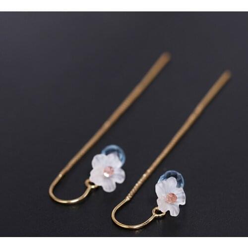 DMBS128 Sky blue topaz earrings gemstones female genuine yellow 14K gold Injection long ear line gift