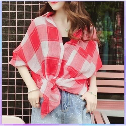 Plaid Women Tee Shirts Long Sleeve Turn-down Collar Cotton Linen T-shirt Ladies Elegant Loose Thin Oversized Tops Plus Size