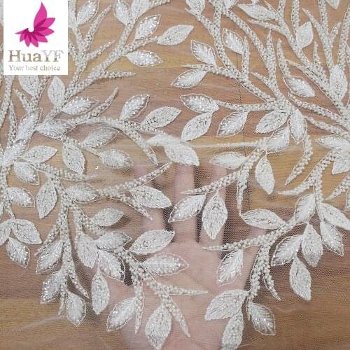 French White Bridal Lace With Beads And Sequins Embroidery Tulle Fabric For Wedding Dress HY1331