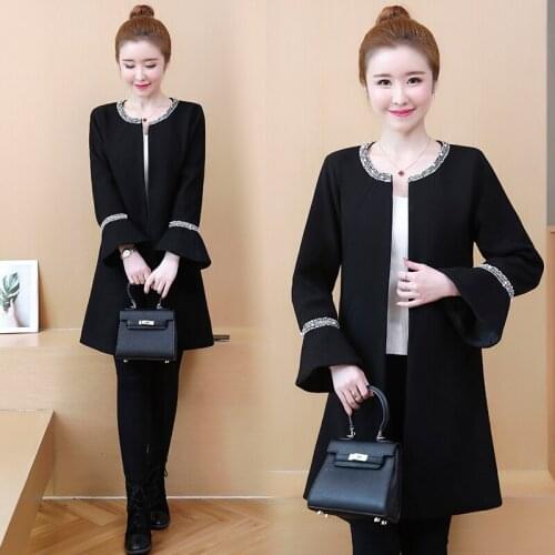 Mid-length Overcoat Spring Large Size Jacket Black Stylish Flared Sleeves Hand-stitched Beads Versatile Slim-fit Outwear D260