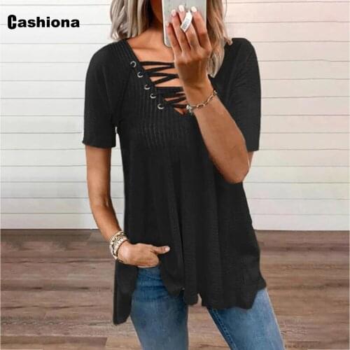 Cashiona Plus size Women Elegant Leisure Casual T-shirt Bandage V-neck Loose Womens Top 2021 Summer Tees shirt Femme 4xl 5xl