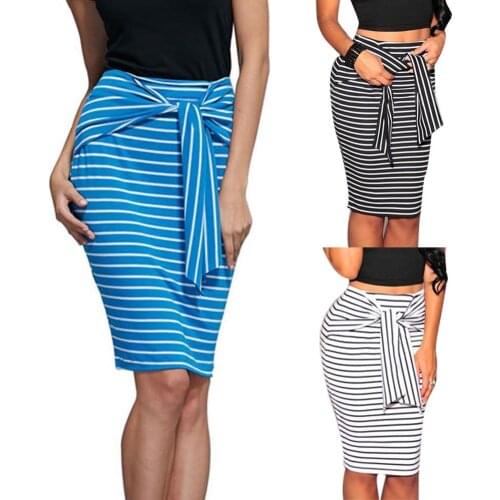 Plus Size Summer Women Ladies Fashion Pencil Skirt Striped Front Tie Black White Blue Slim Bodycon Knee-Length Short Skirt new