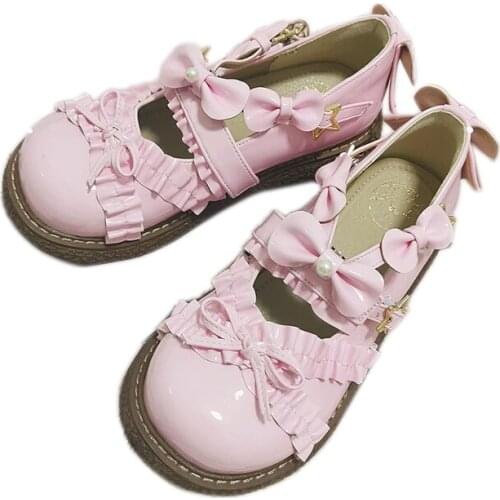 Star Buckle Bowknot Kawaii Lolita Shoes Jk Uniform Student Soft Sweet Girl Women Tea Party Shoe Loli Bow Mid Heel Cosplay Anime