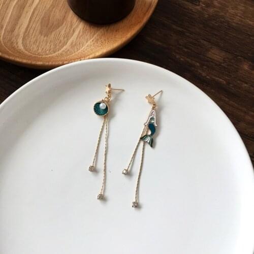Fashion Shells Mermaid Asymmetric Female Stud Earrings Long Tassel Earrings