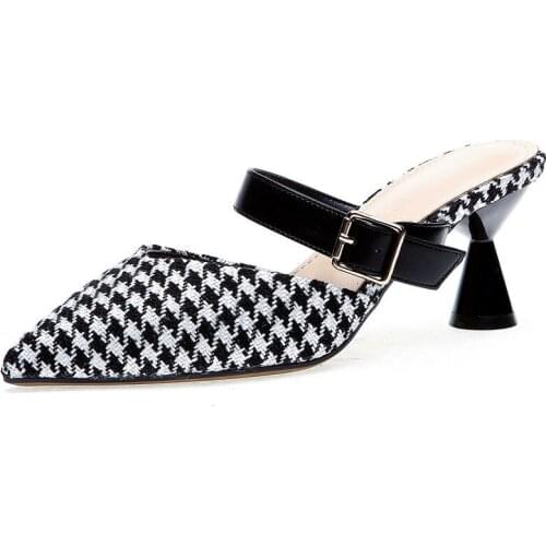 Women Summer Grid Sandals 2021 New Stiletto High Heels Women Sandals Outer Wear Baotou Half Sandals and Slippers