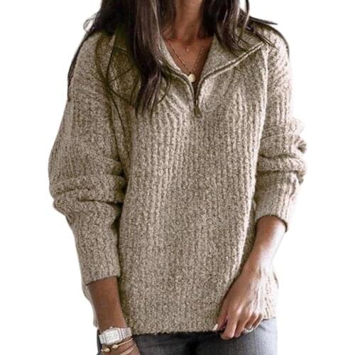 Women Autumn Winter Pullover Knitted Sweater Half Zipper Sweater Solid Color Long Sleeve Stand Collar Jumper Pullover
