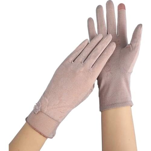 Women Spring Gloves Ladies Solid Color Thin Outdoor Ice Silk Lace Mittens Autumn Sunscreen Non-skid Touch Screen Driving Gloves