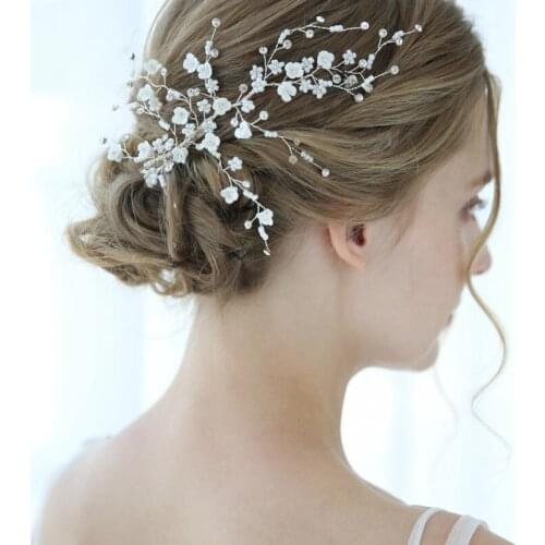 Simple White Floral Hair Clip Bridal Piece Rhinestone Wedding Hair Jewelry Silver Color Women Headpiece