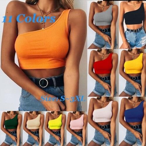 IMucci Women Polyester Ribbed One Sholder Crop Top Knitted Solid Short High Street Camis