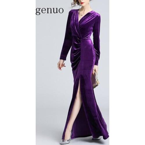 Women Long Sheath Party 2020 Fashion Autumn Winter Blue Velvet Long Sleeve Bodycon Dress Vintage Slim Draped V Neck Split Dress