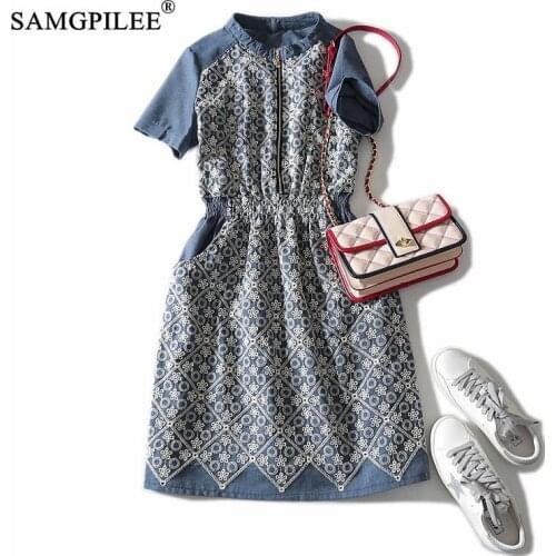 Dresses Summer 2020 Woman Office Lady Print Short Sleeve Embroidery Dress For Women Knee-length Stand Collar Summer Dress 4XL
