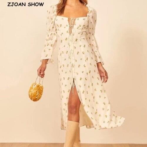 Retro Chic Floral Print Lacing up V neck Front Slit Midi Dress Woman Vintage French Puff Sleeve Chiffon Split Dresses Holiday