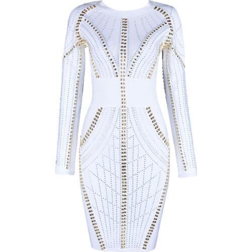 2020 New Fashion Winter White Black Beadings Bandage Dress Vestidos Sexy Long Sleeve Bodycon Dresses Evening Party Dress
