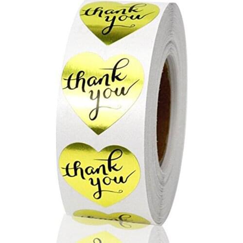 500PCS / roll Gold Heart Shaped Foil Thank You Stickers Labels for Wedding Anniversary Gift or Birthday Thank you Envelope