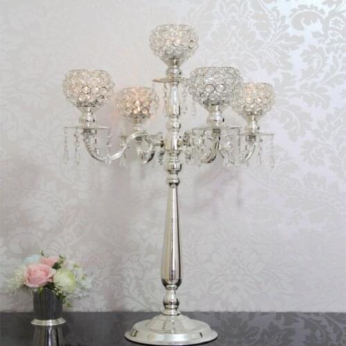 75 cm height 5-arms metal Chrome / Gold candelabras with crystal pendants wedding candle holder Event centerpiece free shipping
