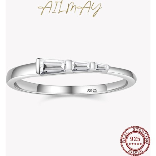 Ailmay Genuine 925 Sterling Silver Fashionc Trapezoid Shape Clear CZ Stackable Ring For Women Girls Party Accessories Jewelry
