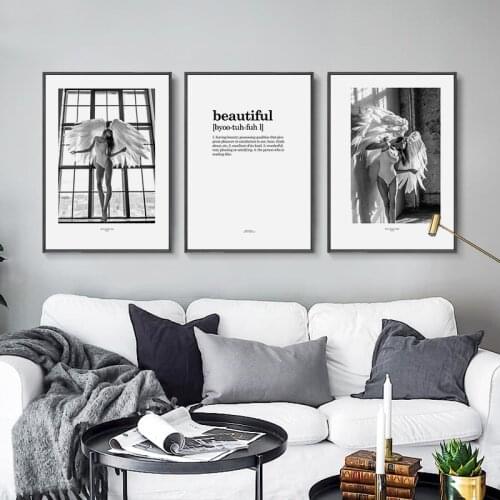 Black White Wing Fashion Girl Wall Art Canvas Painting Quotes Nordic Posters and Prints Wall Pictures for Living Room Home Decor