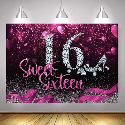 Sweet 16 Birthday Backdrops for Party Pink Girls Sixteen Adult Ceremony Photography Background Glitter Diamond Banner Photocall
