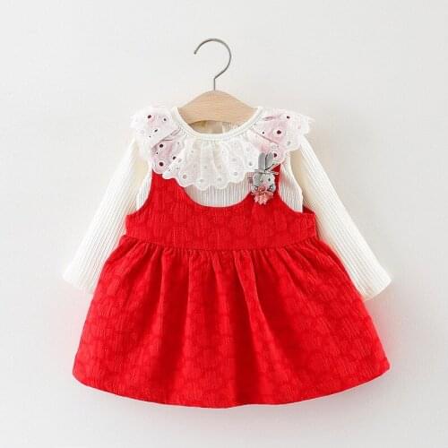 2018 Baby new autumn sets little girls cute long sleeve white lace cotton T-shirt + Dress with brooch clothes set 1-2 Years