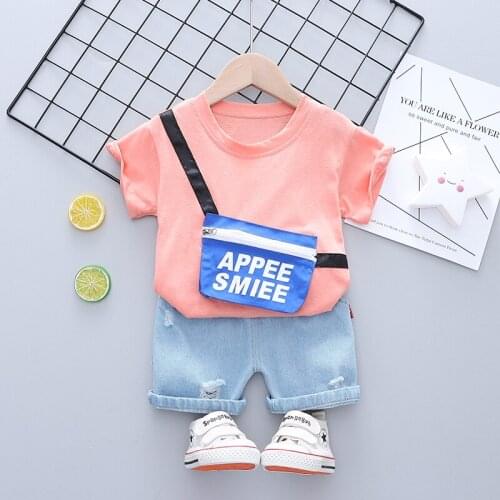 Toddler Clothing Sets 2021 New Summer Infant Baby Boys/Girls Clothes Knapsack Casual T-shirt+Denim Hole Shorts 2pc Suits Outfits