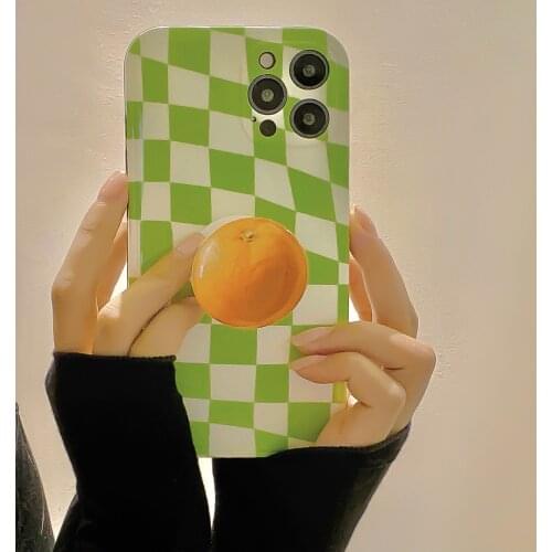 Korean Creamy white Green Lattice Orange Stand holder phone Case For iphone 7 8 Puls X XR XS 11 12 pro Max Lovely soft Back Cove