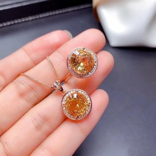 Best Gift Real Natural Citrine Jewelry set Natural And Real Citrine Set 925 sterling silver Fine jewelry 1pc ring,1pc Pendant