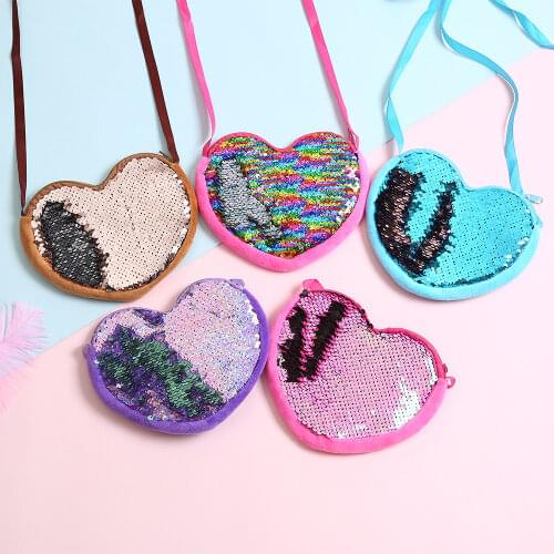 Lovely Children Kid Sequins Coin Purse Girls Love Heart Wallet Clutch Bag Handbag Crossbody Bags Sling Money Change Card Holder