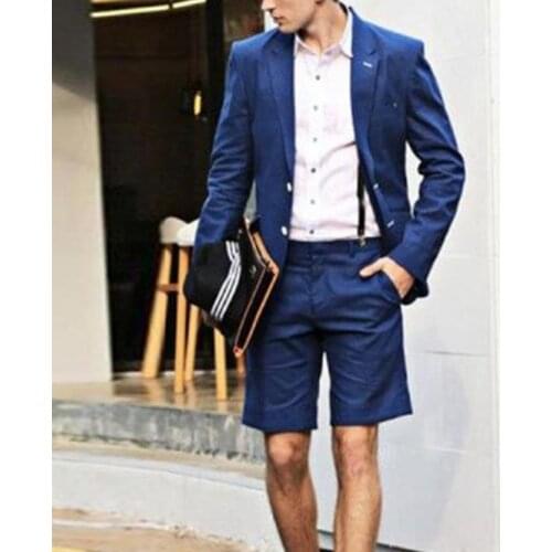 Blue Summer Beach Simple Men Suits with Short Pant Jacket Simple Slim Fit Custom Made Wedding Suits Tuxedo 2Piece Casual Blazer