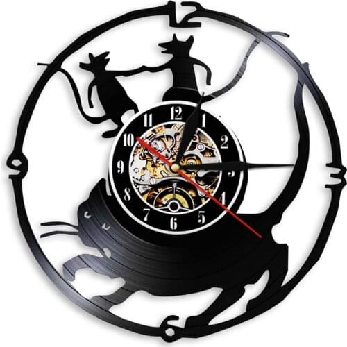 Cat And Mouse Wall Clock Modern Design Kitty And Mouse Silhouette Shadow Vinyl Record Wall Clock Creative Home Decorative