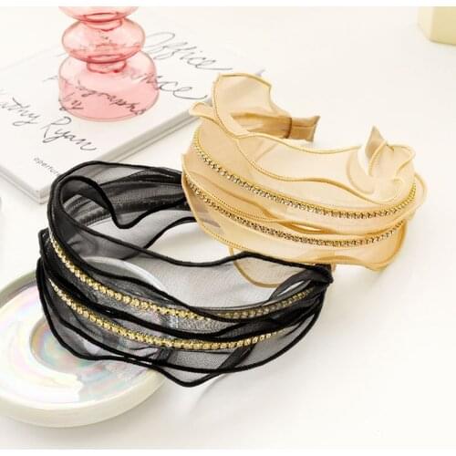 New Organza Double Rhinestone Wide Hairband Headband Women Girls Beach Hair Head Hoop Band Accessories Hair Hairbands Headdress