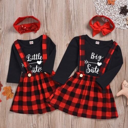 Baby Girls' Plaid Sisters Clothes Set Newborn kids Toddler Girl Long Sleeve T-shirt + Skirt Hair Accessories 3PCS Clothing Set