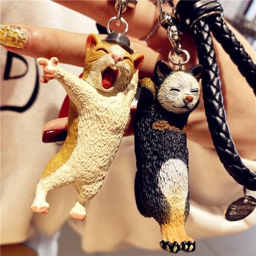 Couple Keychains Cool Dancing Cat Keyring pu Leather Rope Animal Key Chain Funny Pose Jewelry Chaveiro Llaveros Bag Accessories