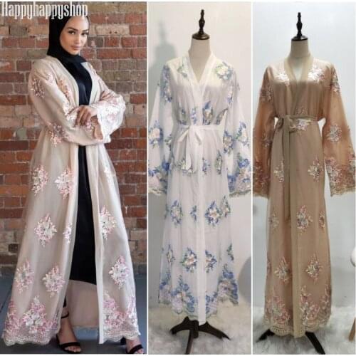 Luxury Dubai Party Lace Embroidery Dress Women Muslim Open Cardigan Islamic Jilbab Abaya Kaftan Maxi Robe Gown Cocktail Vestidos