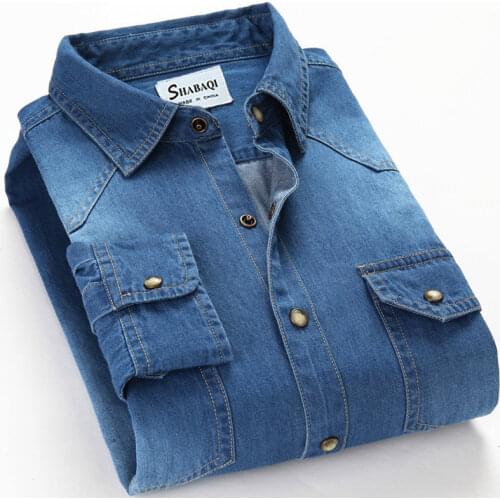 SHAN BAO classic brand double pocket button 100% cotton denim shirt 2021 spring high quality mens slim long-sleeved shirt
