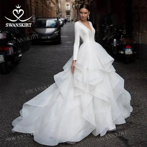 Wedding Dress Simple Long Sleeve Satin Ball Gown Ruched Tulle Bridal 2021 Princess SwanSarah N361 Customized Vestido De Novia