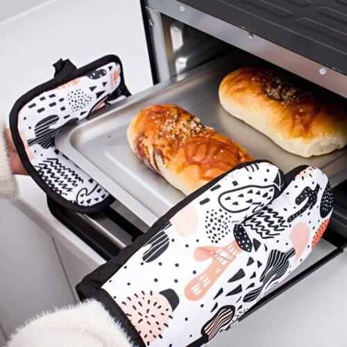 2pc Thickened Microwave Baking BBQ Glove Cotton Cute Cartoon Mitts Heat Resistant Linen Potholders Non-slip Kitchen Cooking Too