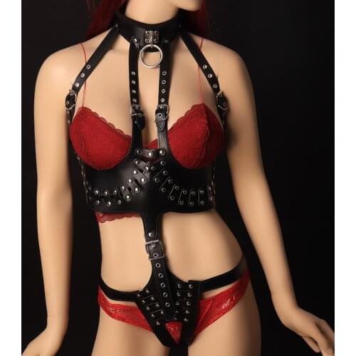 Women Leather Full Body Harness Bondage Set Collar Straps Cupless Bra Goth Sexy Garter Belts For Stockings Sex Toys BDSM Fetish