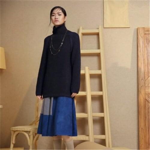 100%hand made pure wool turtleneck thick knit women brief solid H-straight pullover sweater one&over size