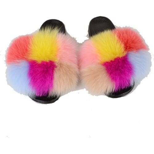 Women Summer Fox Fur Fluffy Slippers Flat Non-Slip Solid Real Fox Furry Slides Shoes Fur Sandals Free Shipping