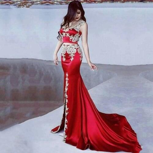 Two Piece Red Mermaid Prom Dresses 2021 V-Neck Appliques sexy ​Satin Dubai Split Party Dress Arabic Evening Gown abendkleider
