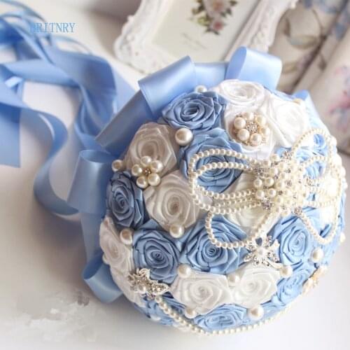BRITNRY Real Pictures Blue Wedding Bouquet Handmade Flowers Bridesmaid Bouquet Stain Roses Bridal Bouquet