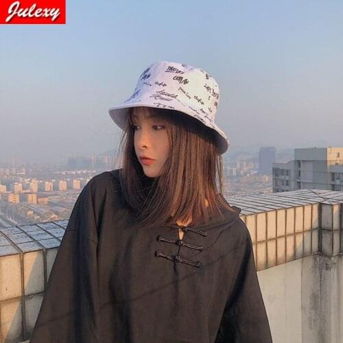 Black Fisherman Hat Female Japanese Graffiti Retro Letters Sunscreen Wild Tide Brand Korean Street Double-Sided Visor Hat