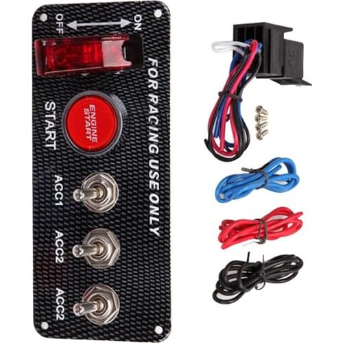 DC12V Racing Car Ignition Switch Panel Carbon Fiber Rocking Switch+Engine Start Push Button With Indicator Light (Red)
